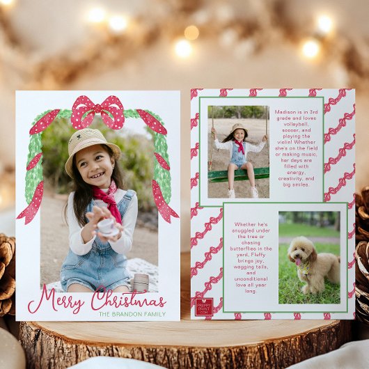 Watercolor Red Polka Dot Bow Swag Christmas Photo シーズンカード