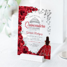 Watercolor Red Roses Silver Quinceanera アクリル招待状
