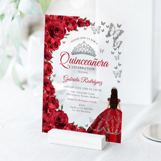 Watercolor Red Roses Silver Quinceanera アクリル招待状