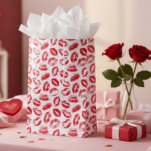 Watercolor Red White Lips Pattern Valentine's Day ミディアムペーパーバッグ