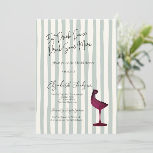Watercolor Red Wine Glass Green Striped  招待状 (スタンド正面)
