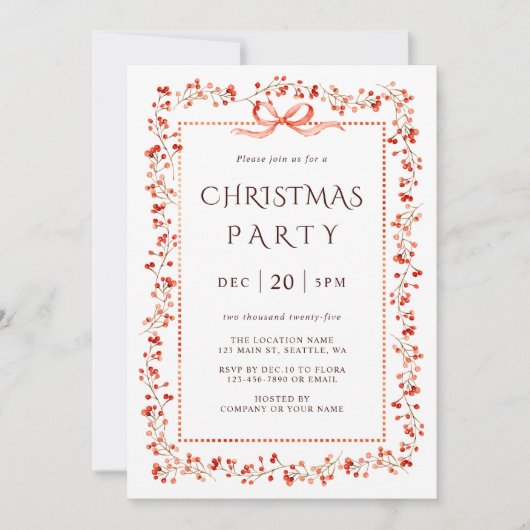 Watercolor Red Winterberry Frame Christmas Party  招待状 (正面)