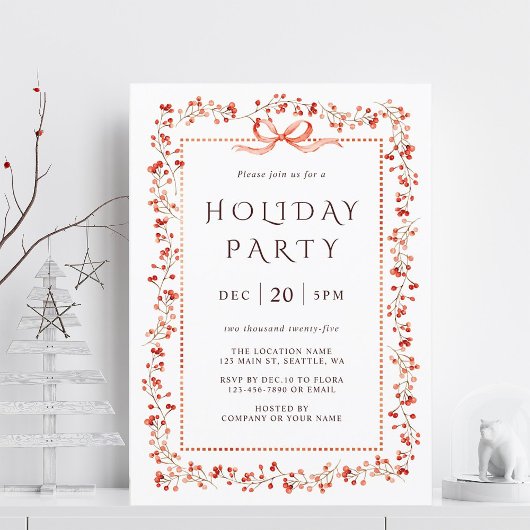 Watercolor Red Winterberry Frame Holiday Party 招待状