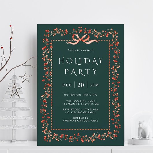Watercolor Red Winterberry Frame Holiday Party 招待状