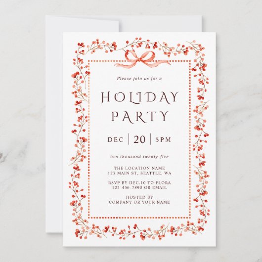 Watercolor Red Winterberry Frame Holiday Party 招待状 (正面)