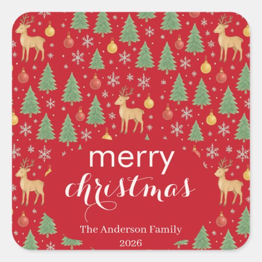 Watercolor Reindeer & Christmas Tree -  スクエアシール (正面)