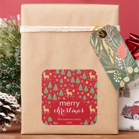 Watercolor Reindeer & Christmas Tree -  スクエアシール (クリスマス)