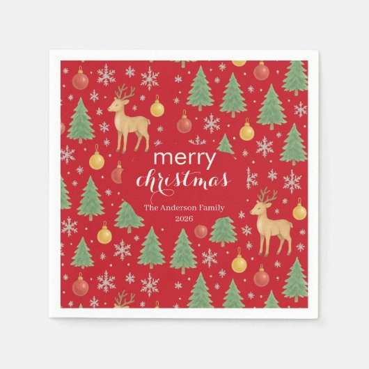 Watercolor Reindeer & Christmas Tree -  スタンダードカクテルナプキン (正面)