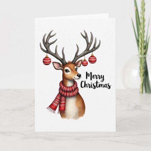 Watercolor Reindeer Cute Christmas Card カード (正面)