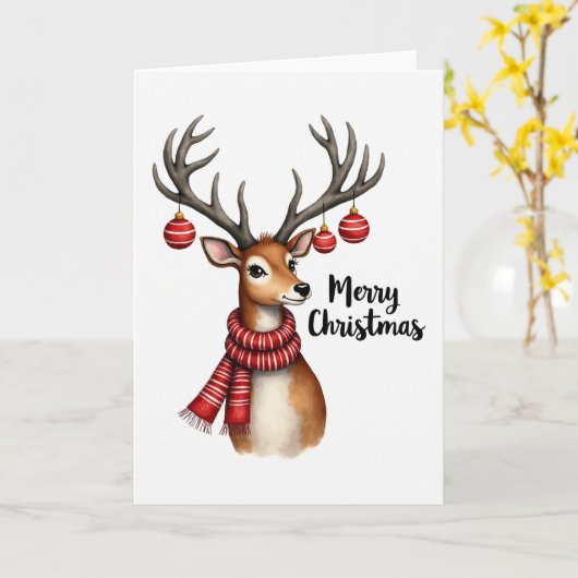 Watercolor Reindeer Cute Christmas Card カード (黄色い花)