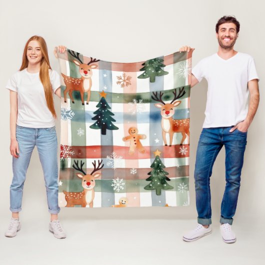 Watercolor Reindeer Gingerbread Man Snowflake Tree フリースブランケット (インサイチュ)