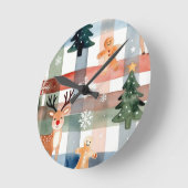 Watercolor Reindeer Gingerbread Man Snowflake Tree ラウンド壁時計 (傾斜)