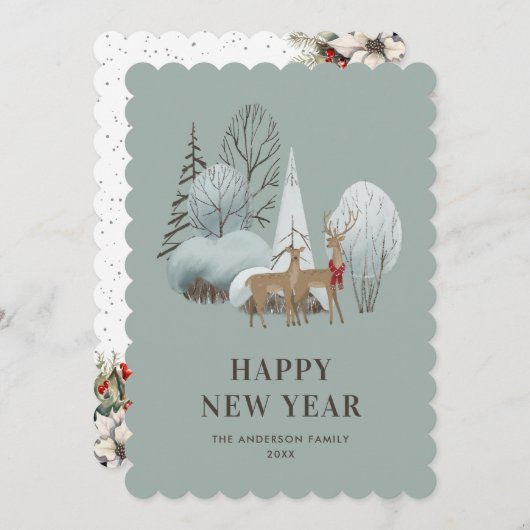 Watercolor Reindeer Holly Berries New Year Card シーズンカード (正面/裏面)