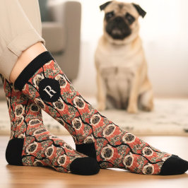 Watercolor Retro Pug Dog Monogram Socks ソックス