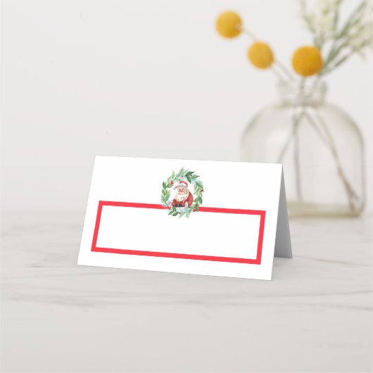 Watercolor Retro Santa Red Check Christmas プレイスカード (正面)