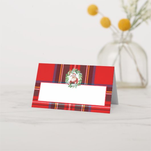 Watercolor Retro Santa Red Stewart Plaid Christmas プレイスカード (正面)