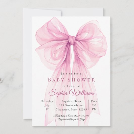 Watercolor Ribbon Girl Baby Shower Invite 招待状 (正面)