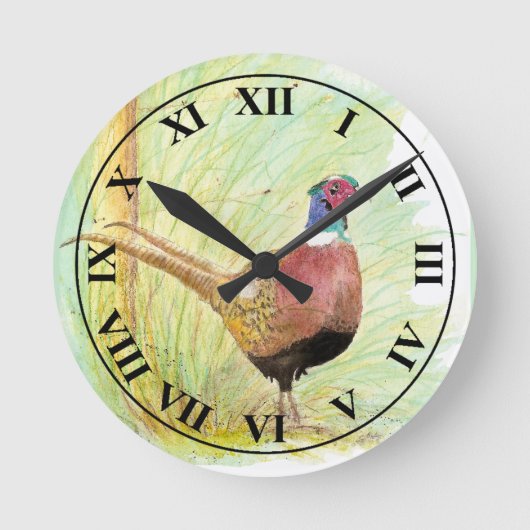 Watercolor Ring-Necked Pheasant Game Bird ラウンド壁時計 (正面)