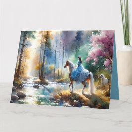 Watercolor River Horsewoman Forest Light カード
