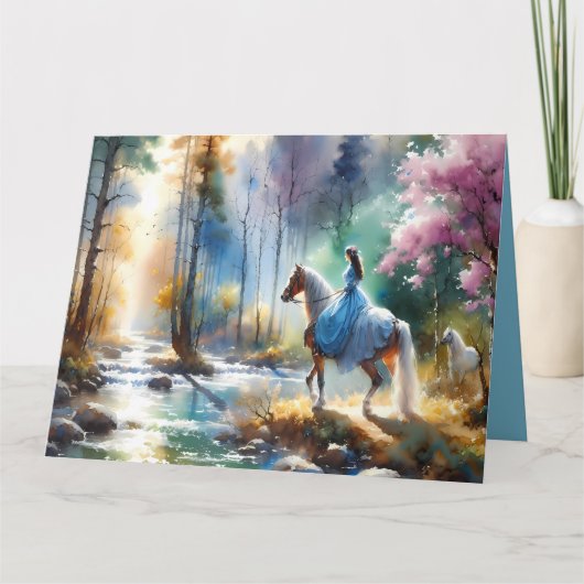 Watercolor River Horsewoman Forest Light カード (正面)