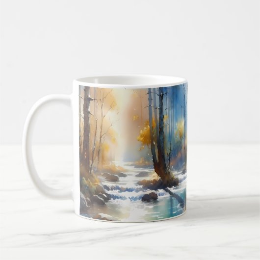 Watercolor River Horsewoman Forest Light コーヒーマグカップ (左)