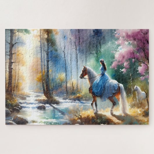 Watercolor River Horsewoman Forest Light ジグソーパズル (横)
