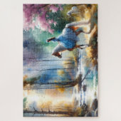 Watercolor River Horsewoman Forest Light ジグソーパズル (縦)