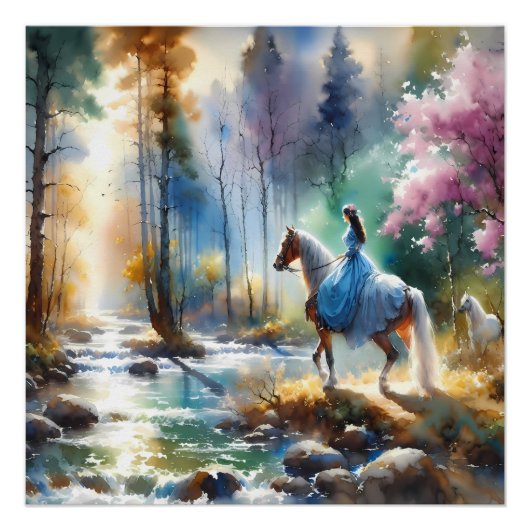 Watercolor River Horsewoman Forest Light ポスター (正面)