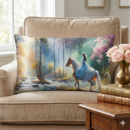 Watercolor River Horsewoman Forest Light ランバークッション
