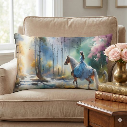 Watercolor River Horsewoman Forest Light ランバークッション