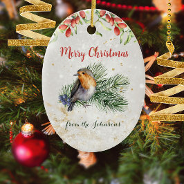 Watercolor Robin Bird Photo Christmas Keepsake セラミックオーナメント