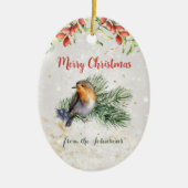 Watercolor Robin Bird Photo Christmas Keepsake セラミックオーナメント (正面)