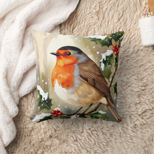 Watercolor Robin Christmas Design クッション (ブランケット)