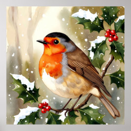 Watercolor Robin Christmas Design ポスター