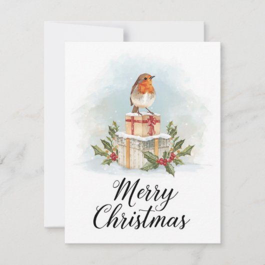Watercolor Robin Gifts Holly Merry Christmas シーズンカード (正面)