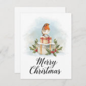 Watercolor Robin Gifts Holly Merry Christmas シーズンカード (正面/裏面)