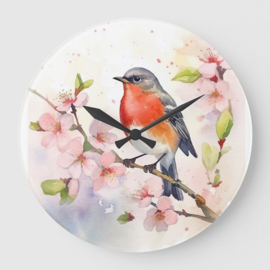 Watercolor Robin on Spring Cherry Blossom Branch ラージ壁時計 (正面)