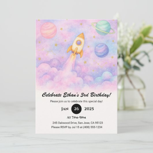 Watercolor Rocket & Dreamy Galaxy Birthday  招待状 (スタンド正面)