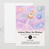 Watercolor Rocket & Dreamy Galaxy Birthday  招待状 (正面/裏面)