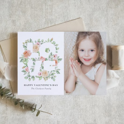 Watercolor Rose and Greenery Photo Valentine's Day ポストカード