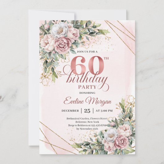 Watercolor Rose Gold Eucalyptus 60th Birthday 招待状 (正面)