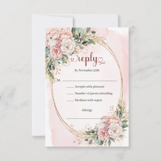 Watercolor Rose Gold Greenery Wedding RSVP Card (正面)