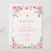 Watercolor Rose Pink Floral Girl Baptism 招待状 (正面)