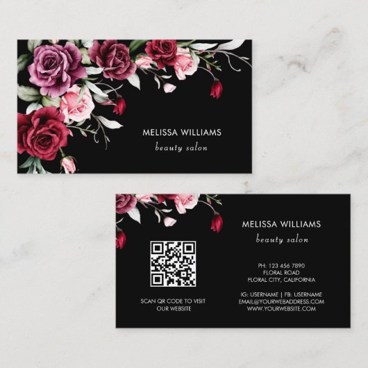 Watercolor Roses Black Background 名刺 (正面/裏面)