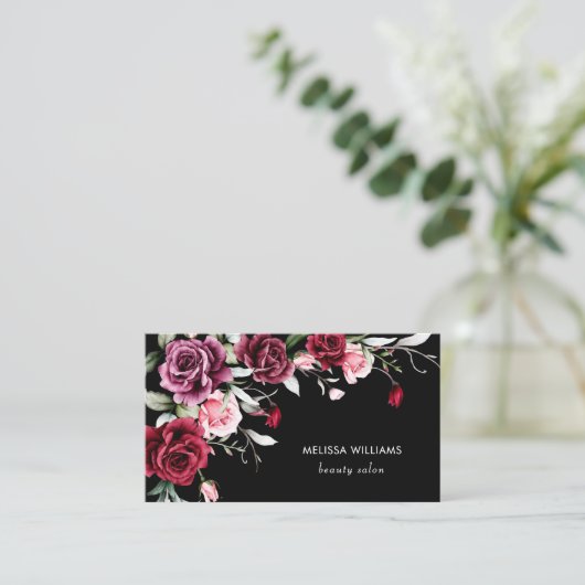 Watercolor Roses Black Background 名刺 (スタンド正面)