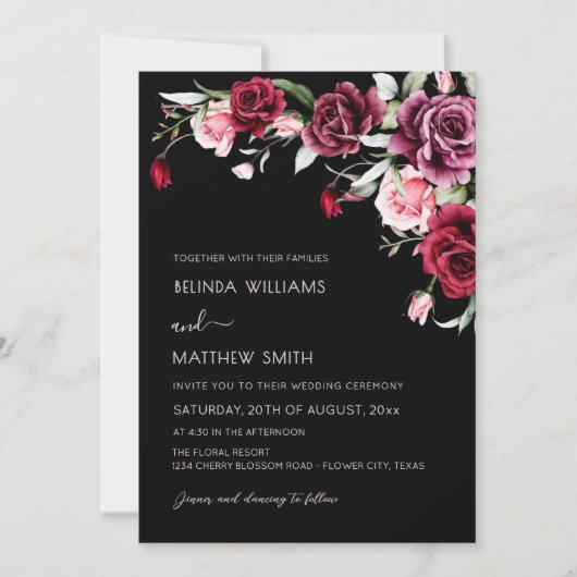 Watercolor Roses Black Background | Photo Wedding 招待状 (正面)