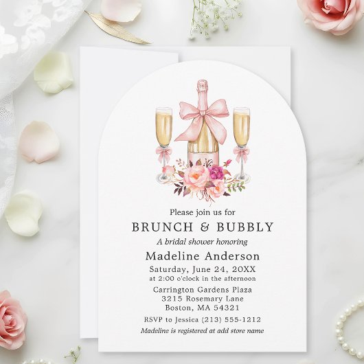 Watercolor Roses Bridal Shower Brunch Pink Bow 招待状