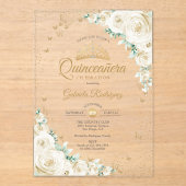 Watercolor Roses Cream Gold Floral Quinceanera アクリル招待状 (正面)