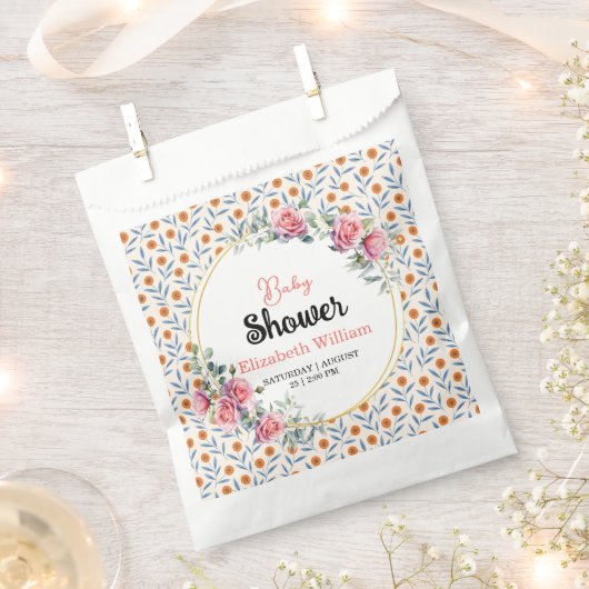 Watercolor Roses & Eucalyptus Baby Shower フェイバーバッグ (クリップ留めされた状態)