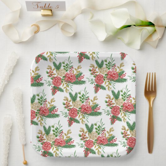 Watercolor Roses Holiday ペーパープレート (ウェディング)